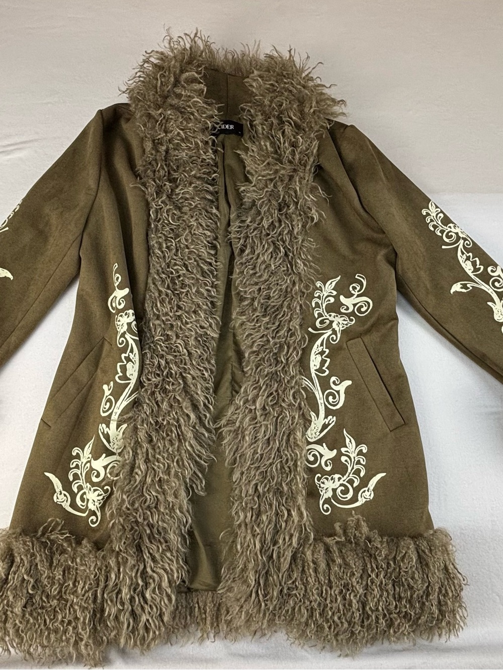 Boho Penny Lane Cider Olive Green Faux-Shearling Trim Embroidered Cape Coat